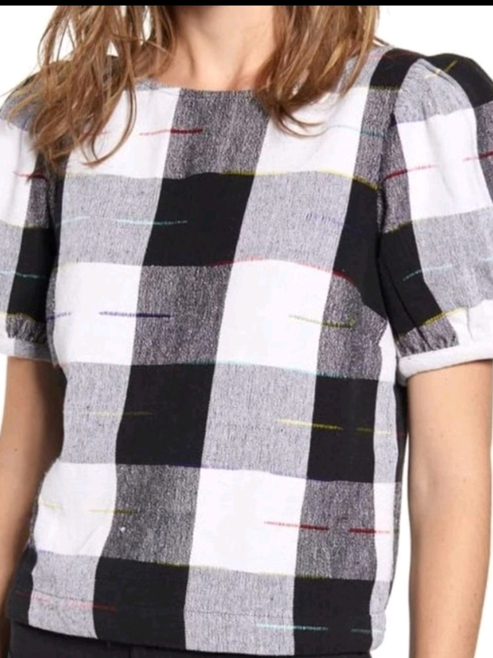 1x The Odells Puff Sleeve Top Black and White Buffalo Check Rainbow Thread
